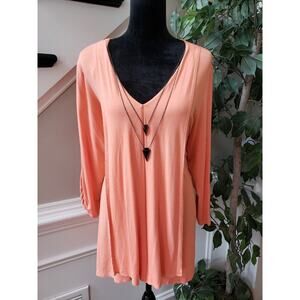 New Directions Women's Orange Floral Rayon V-Neck Long Sleeve Top Blouse Large